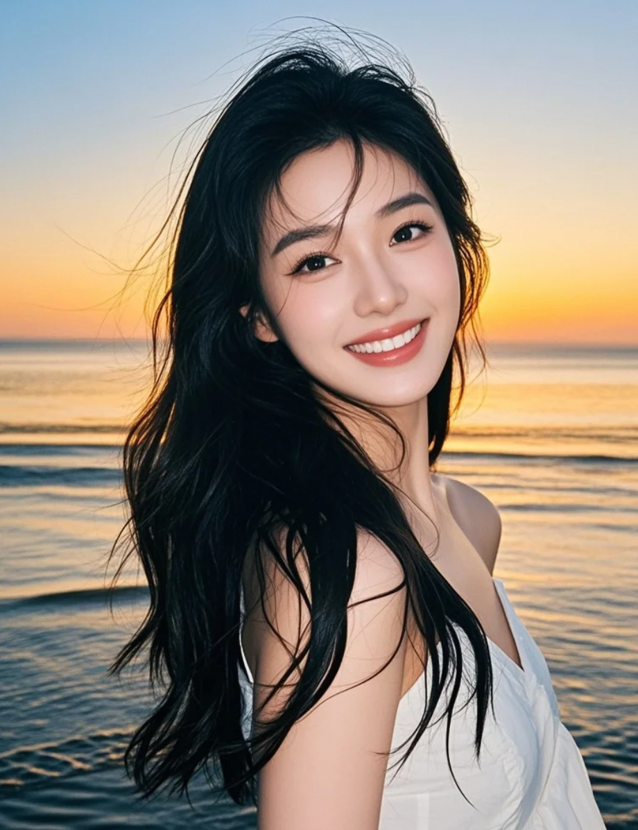 长发与晚风共舞，沙滩上的她笑容温柔而神秘