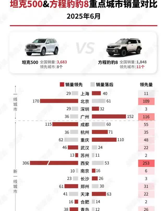 2025年6月
坦克500与方程豹豹8
重点城市销量对比
坦克500在全国