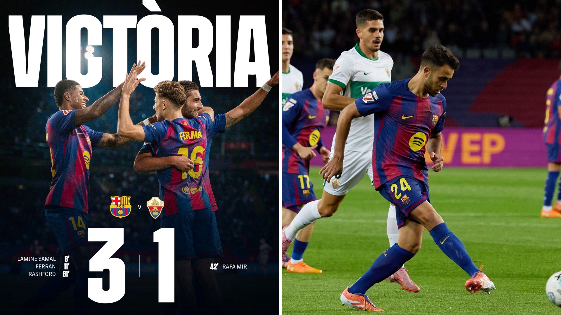 西甲：巴塞罗那主场3-1击败埃尔切，升至联赛第二位。
亚马尔先拔头筹，费兰-托雷