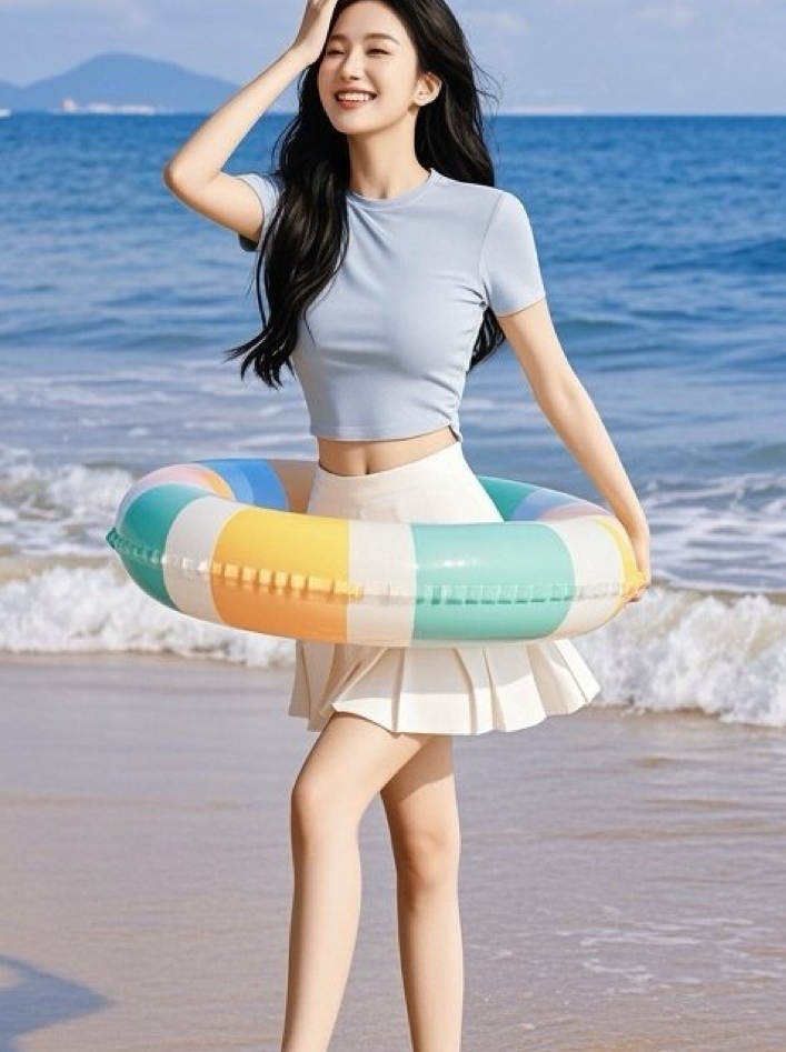 美眉赤足踏白沙，海风轻抚婀娜腰肢