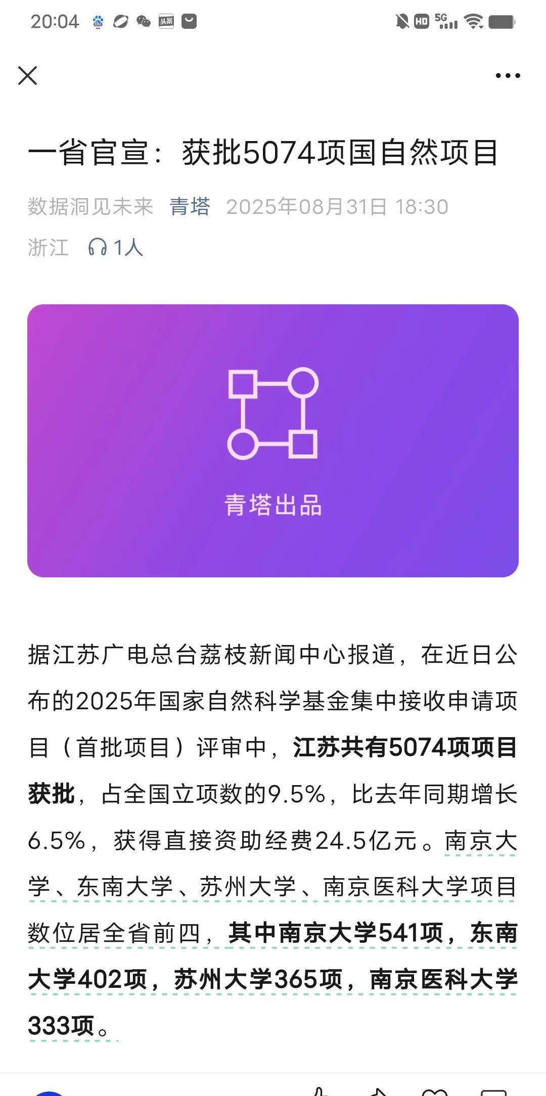 厉害了！江苏省官宣：获批5074项国自然项目。的确是经济大省，科研也厉害。欢迎大
