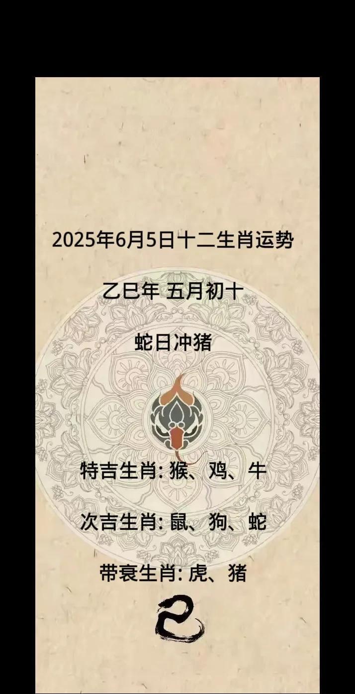 2025年6月5日十二生肖运势
乙巳年 五月初十
蛇日冲猪
特吉生肖: 猴、鸡、