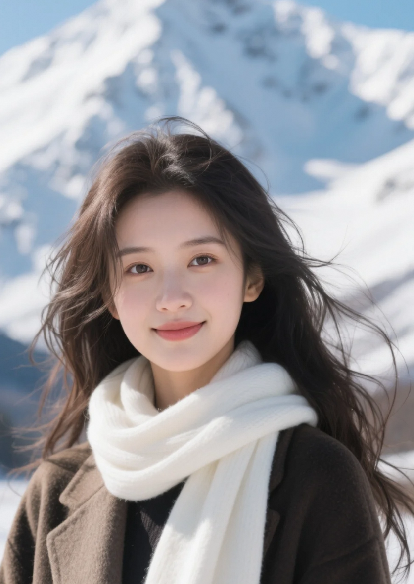 长发凌乱却掩不住笑意，她站在雪峰之上，优雅如一幅流动的画卷