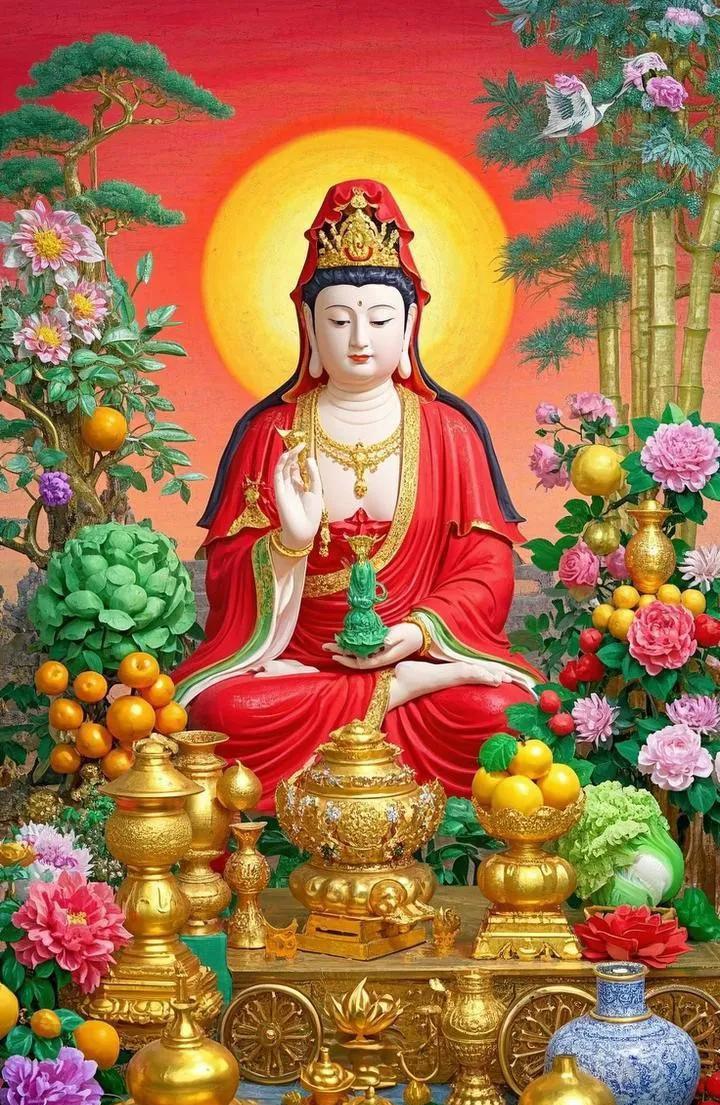 一拜观音福满门，家和人旺笑语温。
二谢观音事业稳，财源广进梦成真。
三尊观音贵人