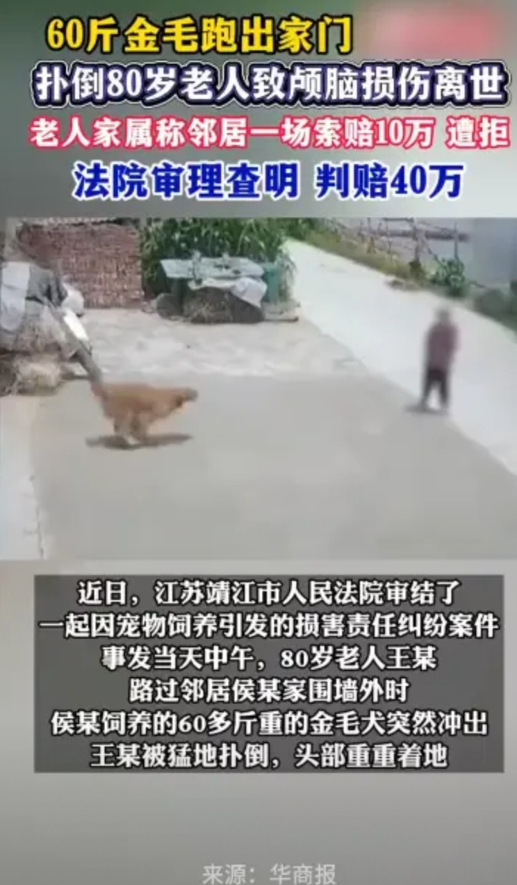“这下后悔了吧！”4月15日，江苏靖江，一老人在路上行走时被邻居家60斤的金毛犬