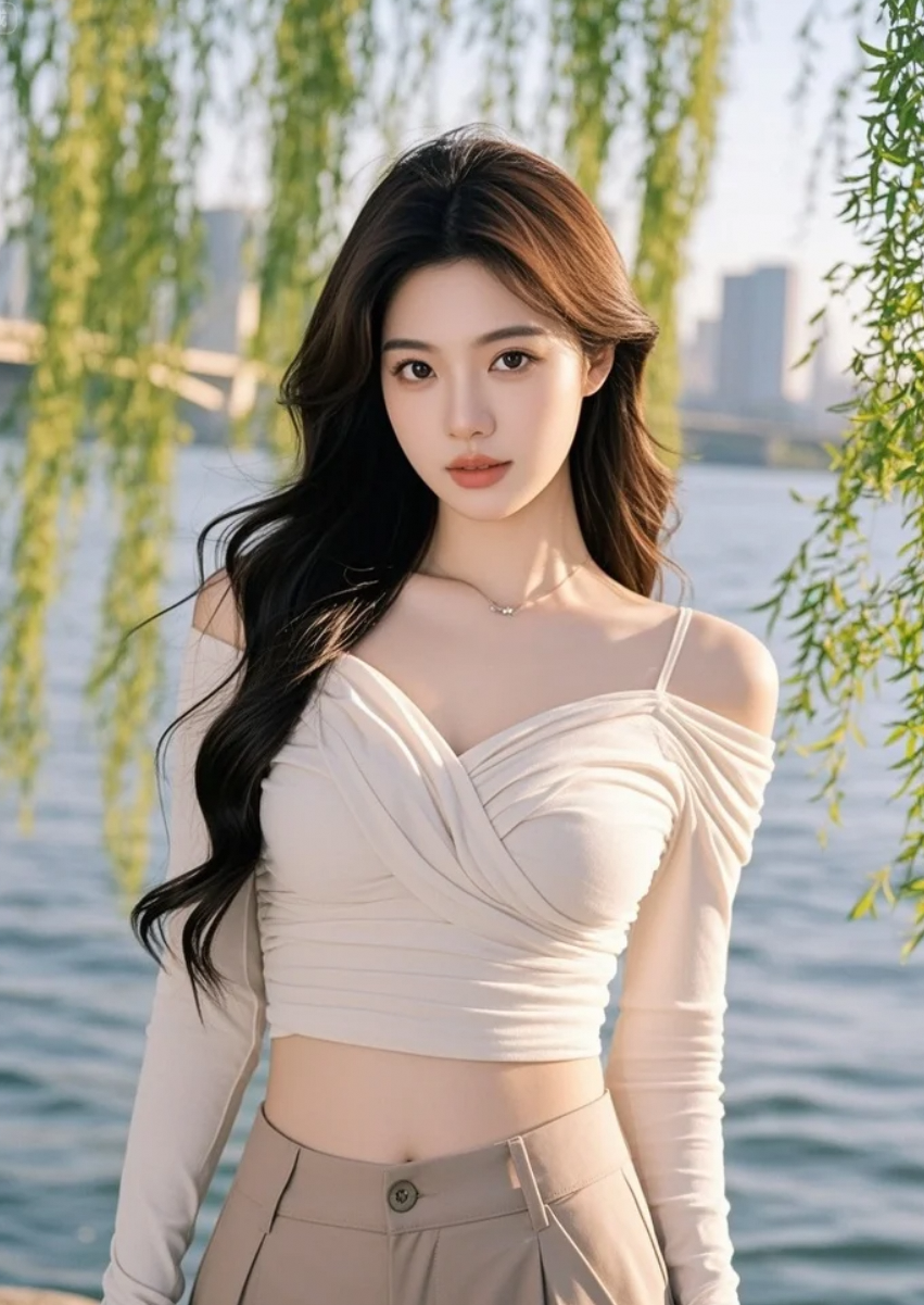 她低头抚柳，我抬头看她，整条江都静了