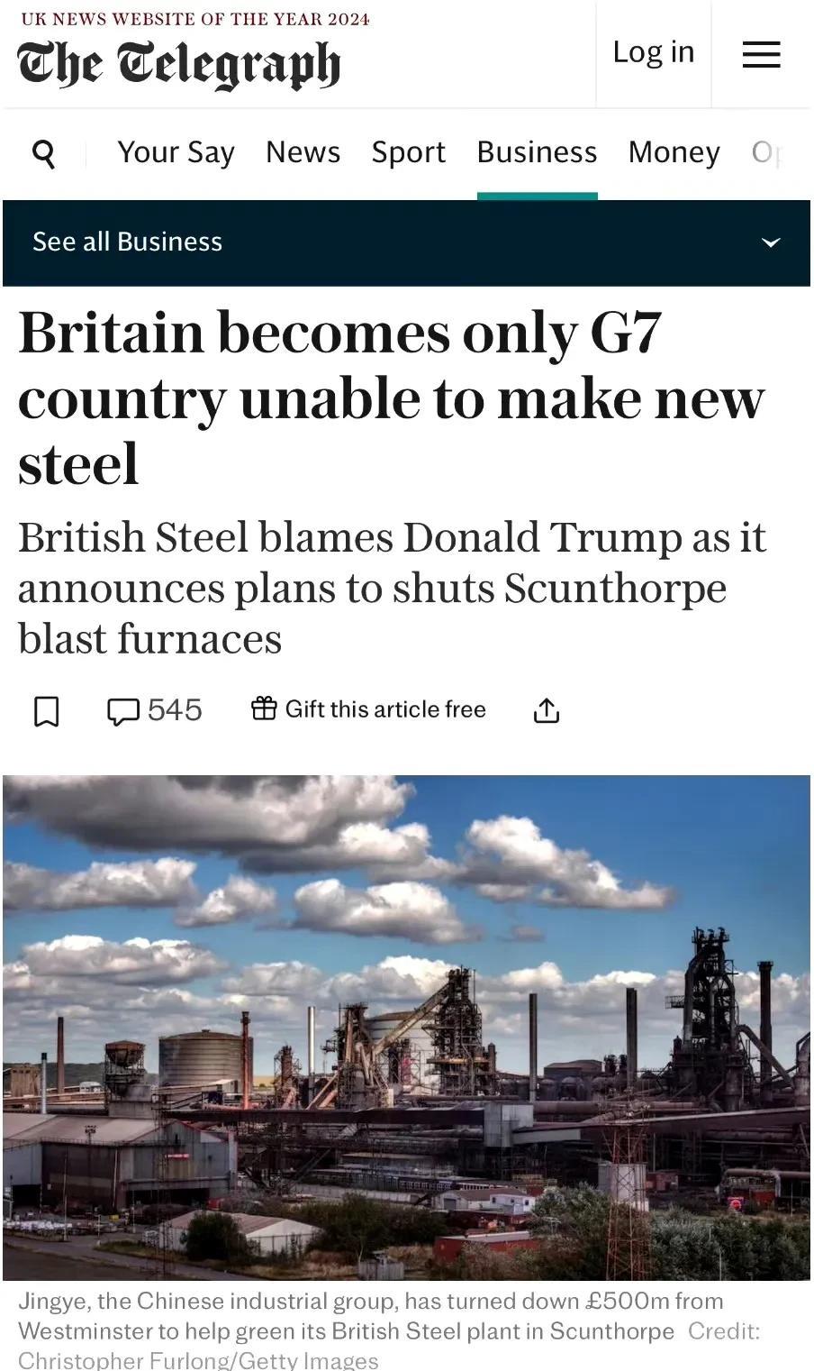 《钢铁是怎样炼没的》
英国钢铁最后两座高炉关停，成为发达国家里唯一一个无法自行生
