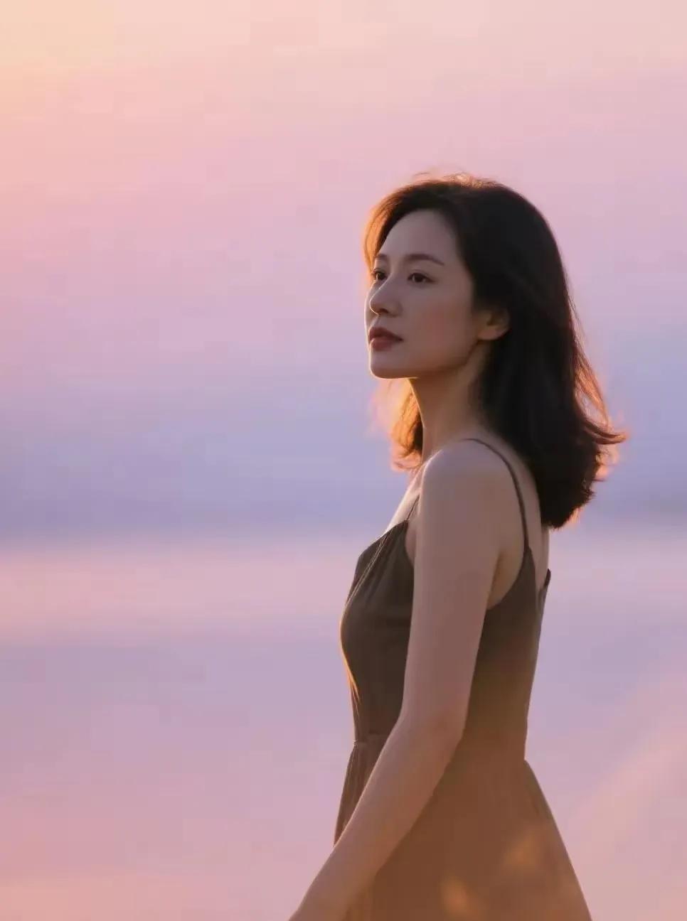 黄昏露台佳人
黄昏天际蜜桃妆，
吊带姑娘沐晚光。
风弄碎发思意绕，
暮中倩影入诗