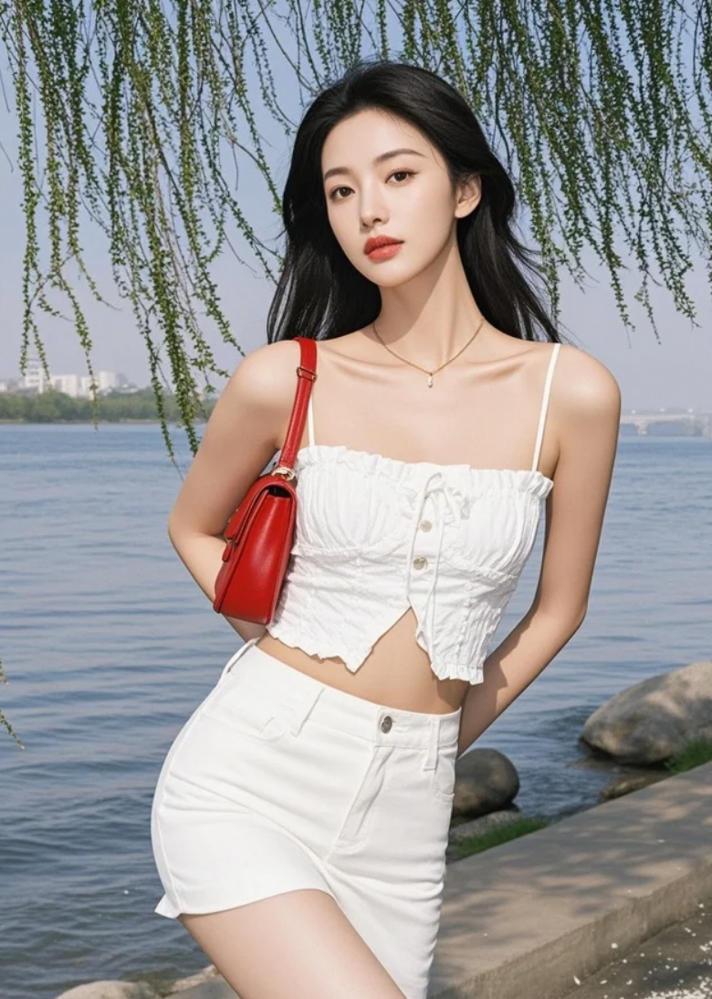 她站在柳树下，仿佛整条江都为她静止了呼吸。