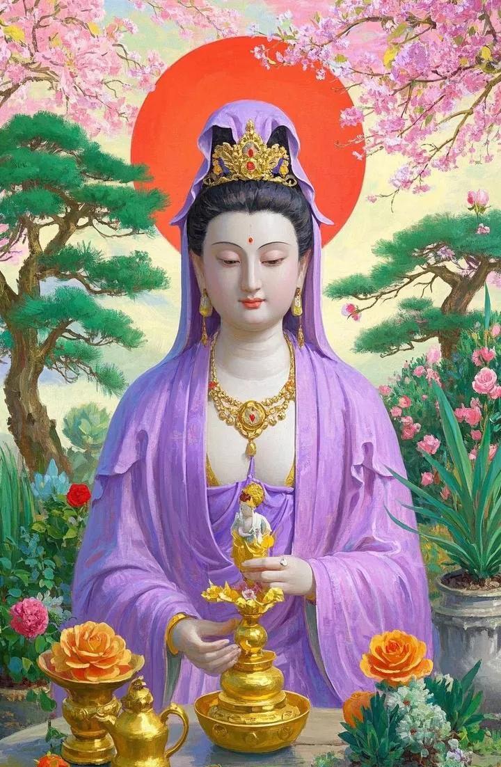 观音慈悲佑人间，一愿灾祸全消散，二愿钱财堆满山。
观音护持福绵延，一愿病痛都跑远