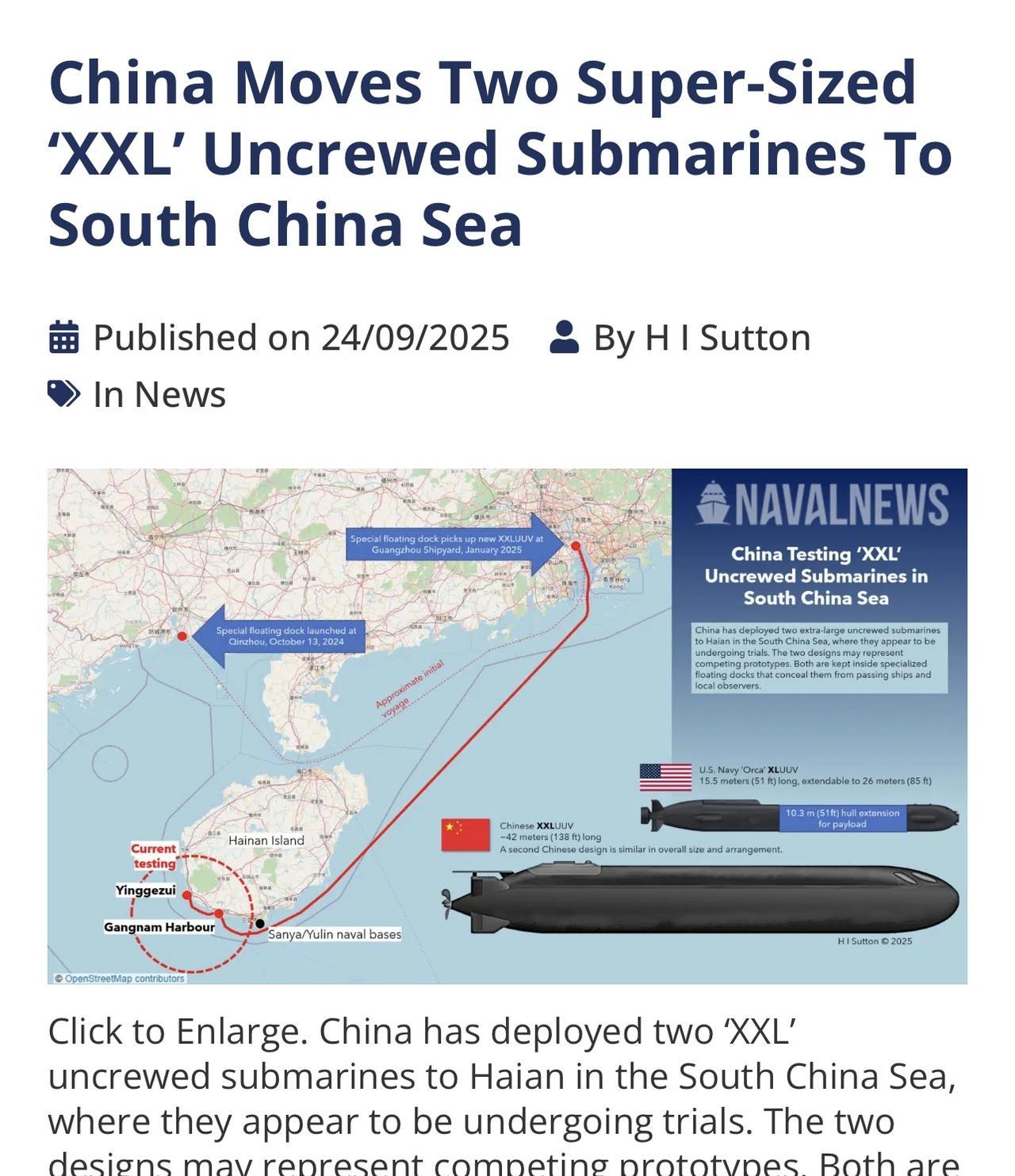 据外媒新消息显示，中国海军（PLAN）正在南海的海南附近海域测试两艘世界上最大的