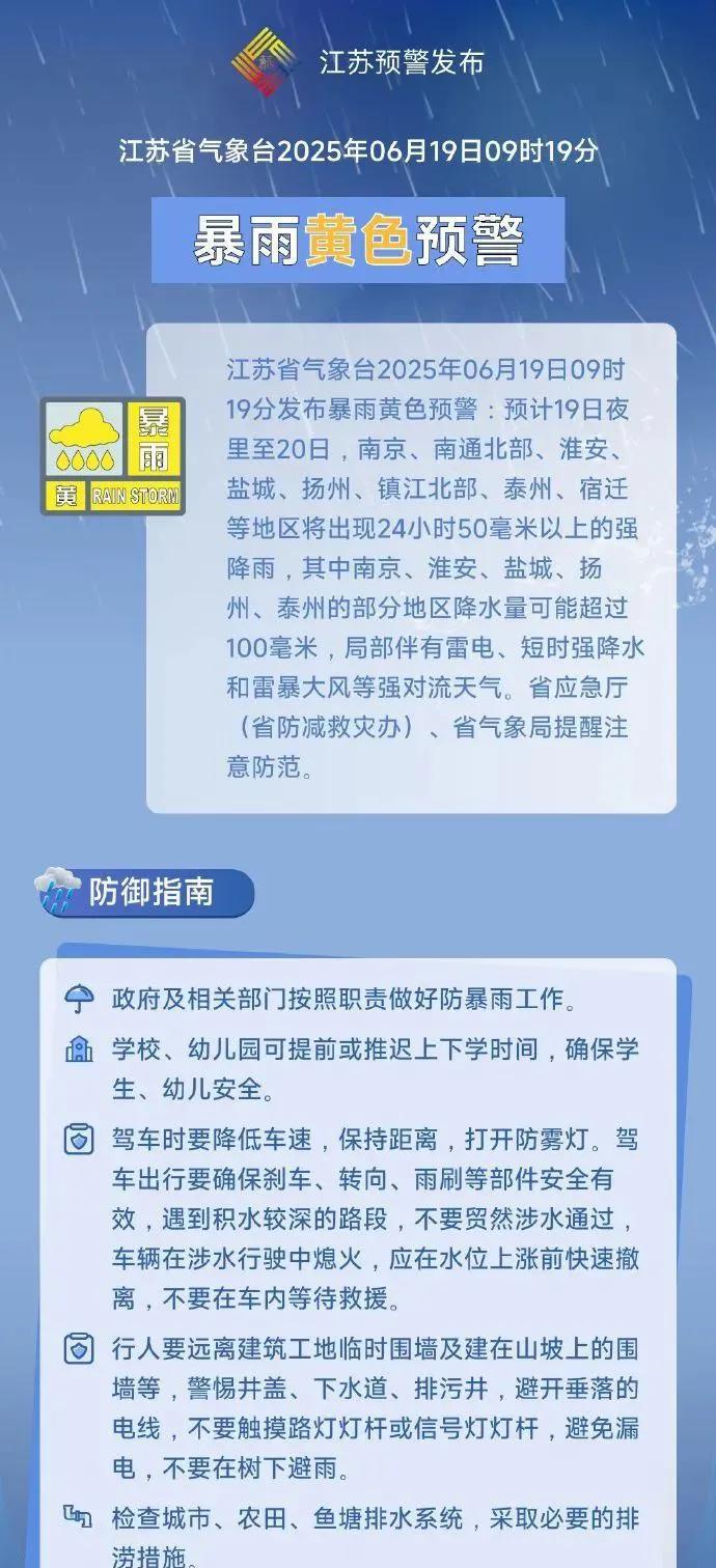 6月19日江苏暴雨预警！学校可调整上下学时间！
      【暴雨黄色预警！江苏