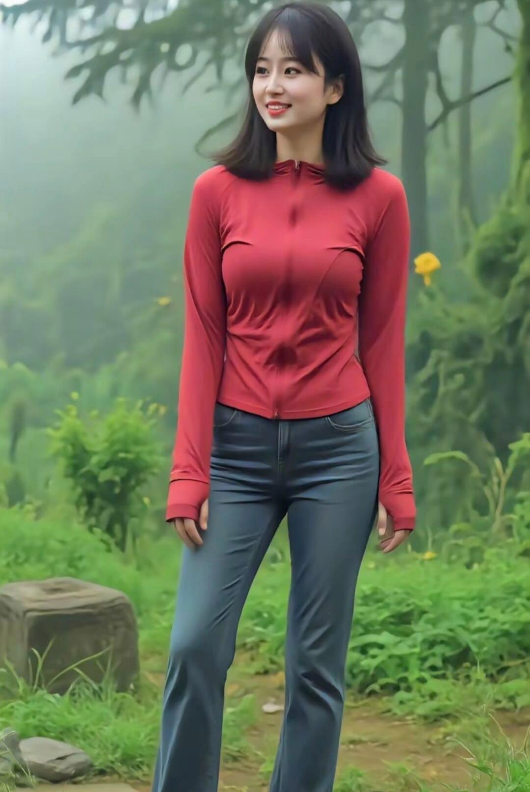 森林里的小路，清新脱俗如你，红色上衣搭配蓝色长裤，简约中透露着不凡，笑容如花绽放