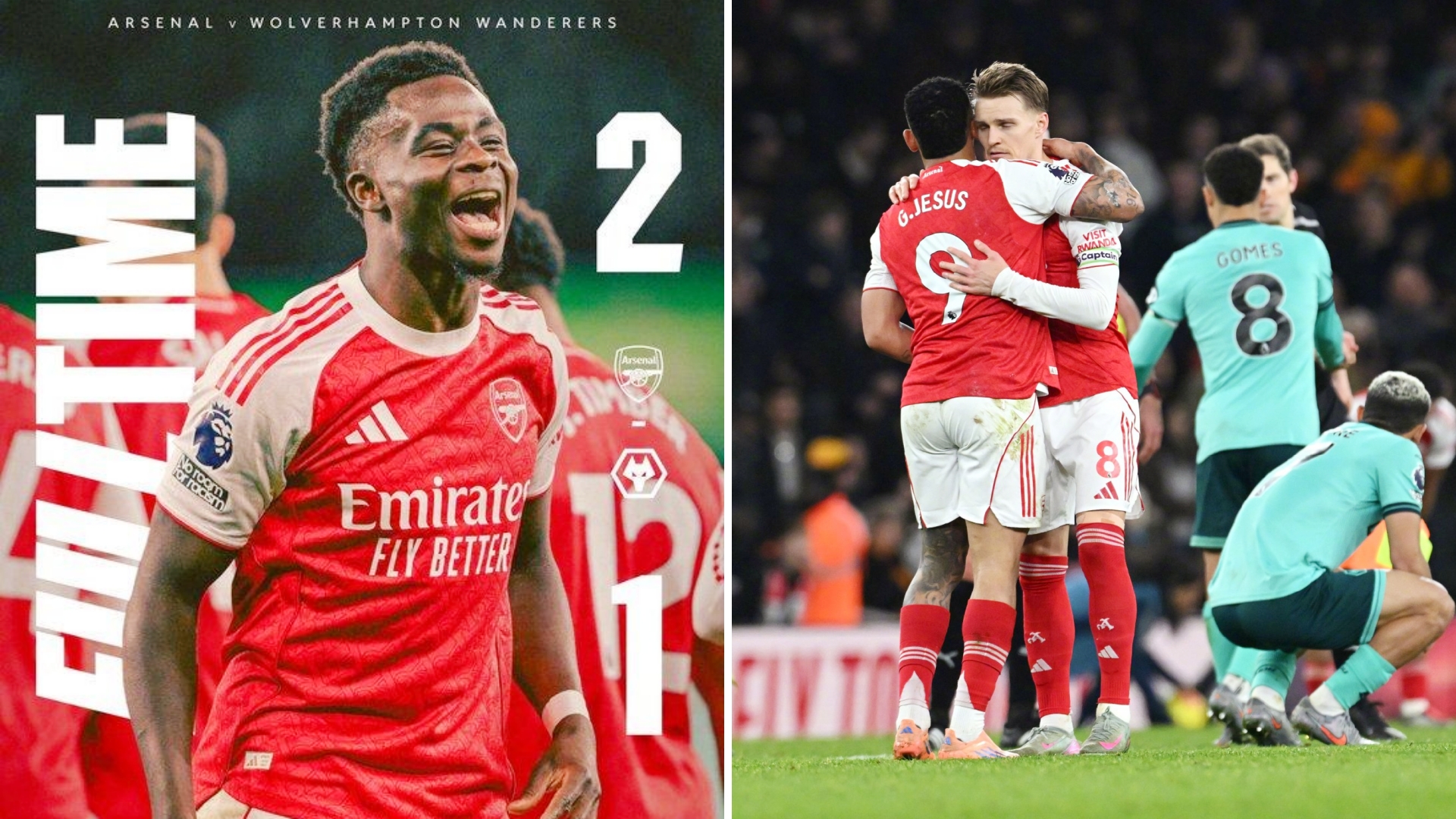 英超：阿森纳主场2-1绝杀狼队，继续以5分领跑。
阿洛科达尔绝平，萨卡两造乌龙并