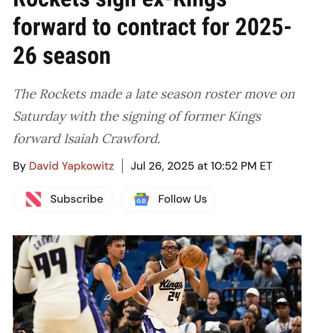 克劳福德转会火箭
Michael Scotto:休斯顿火箭队和以赛亚·克劳福德