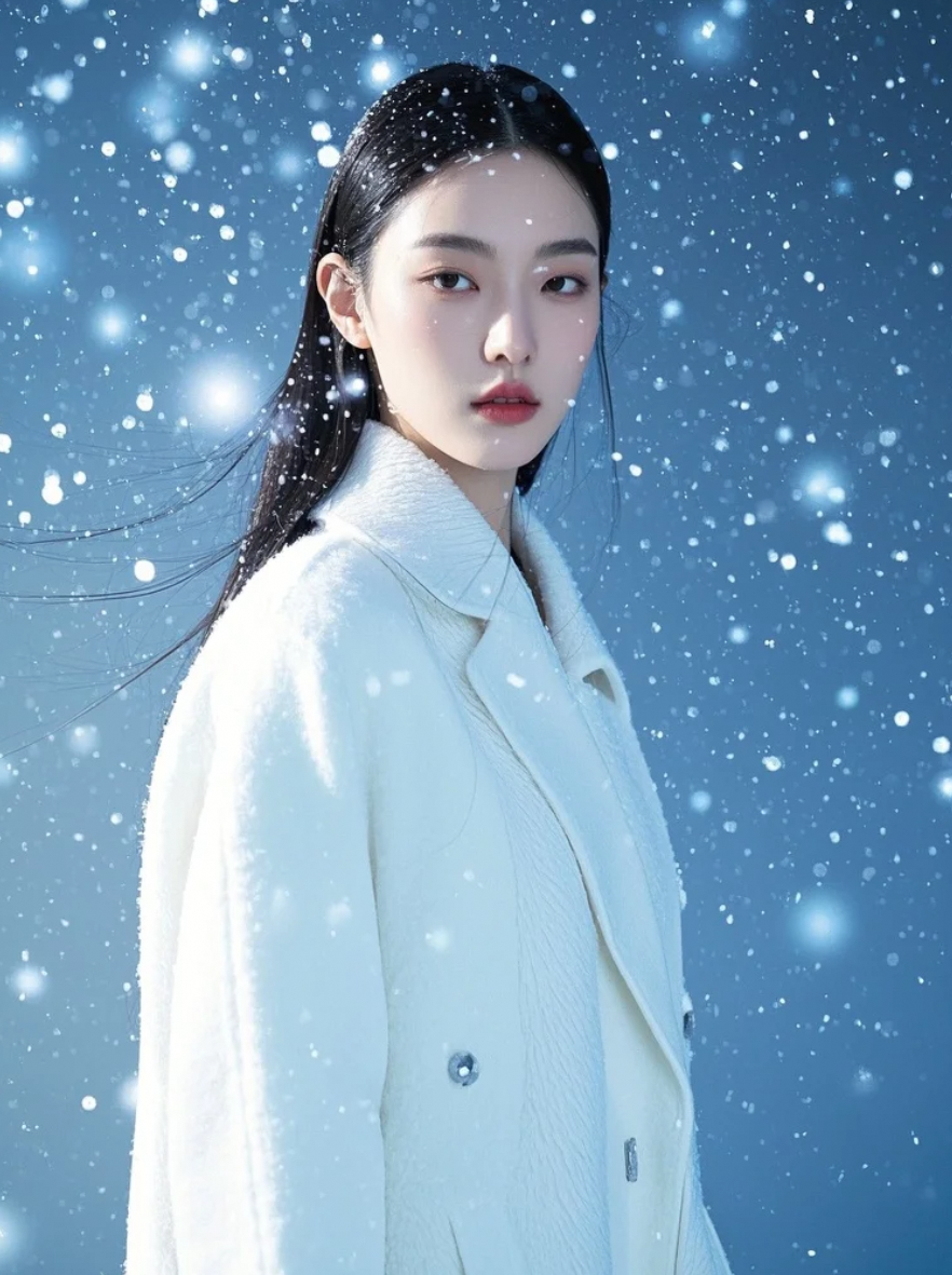 风吹过她的发梢，雪落在她的肩头，我却只看得见她的眼睛。