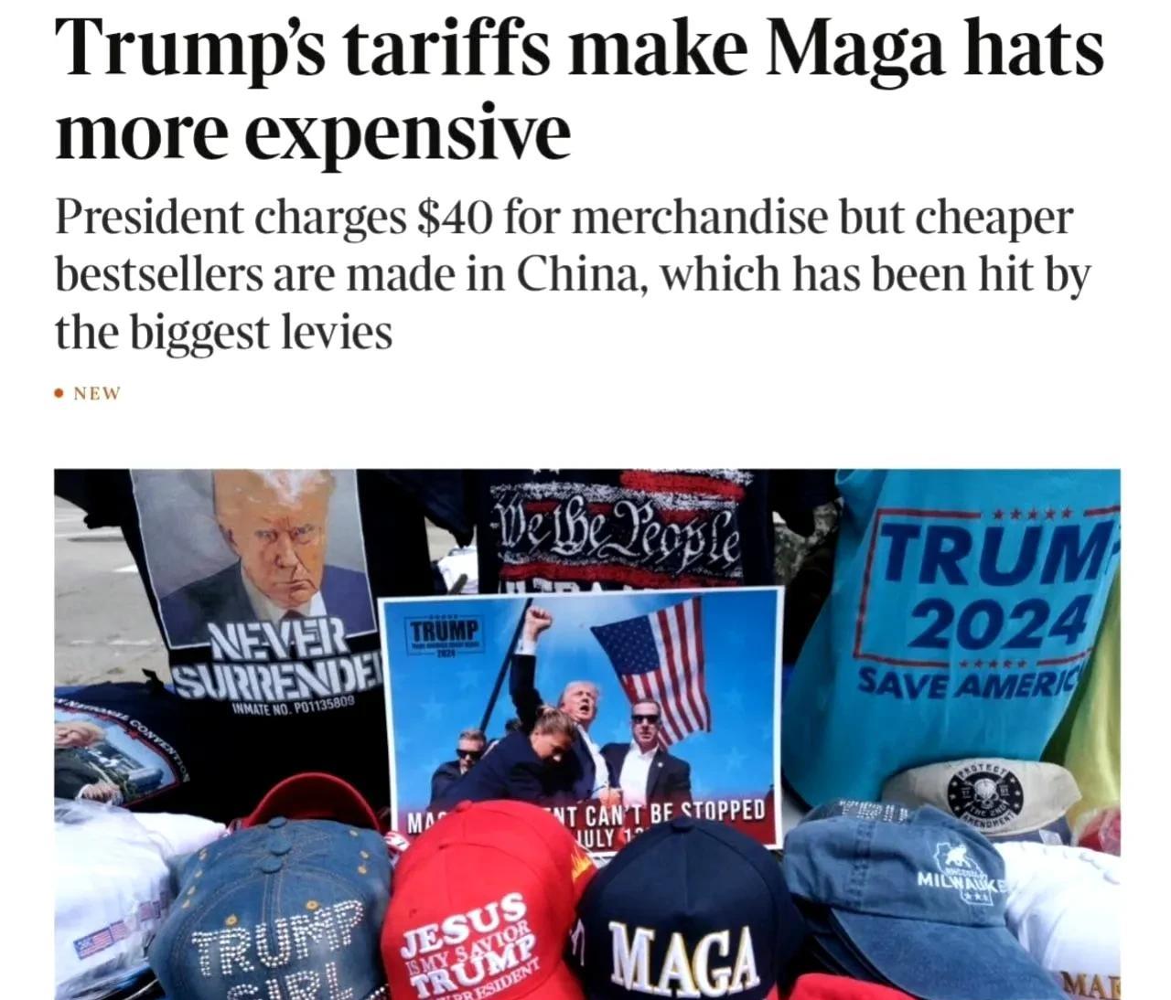 由于特朗普自己的关税，MAGA 帽子会变贵。
4月6日，金融时报文章称，尽管直接