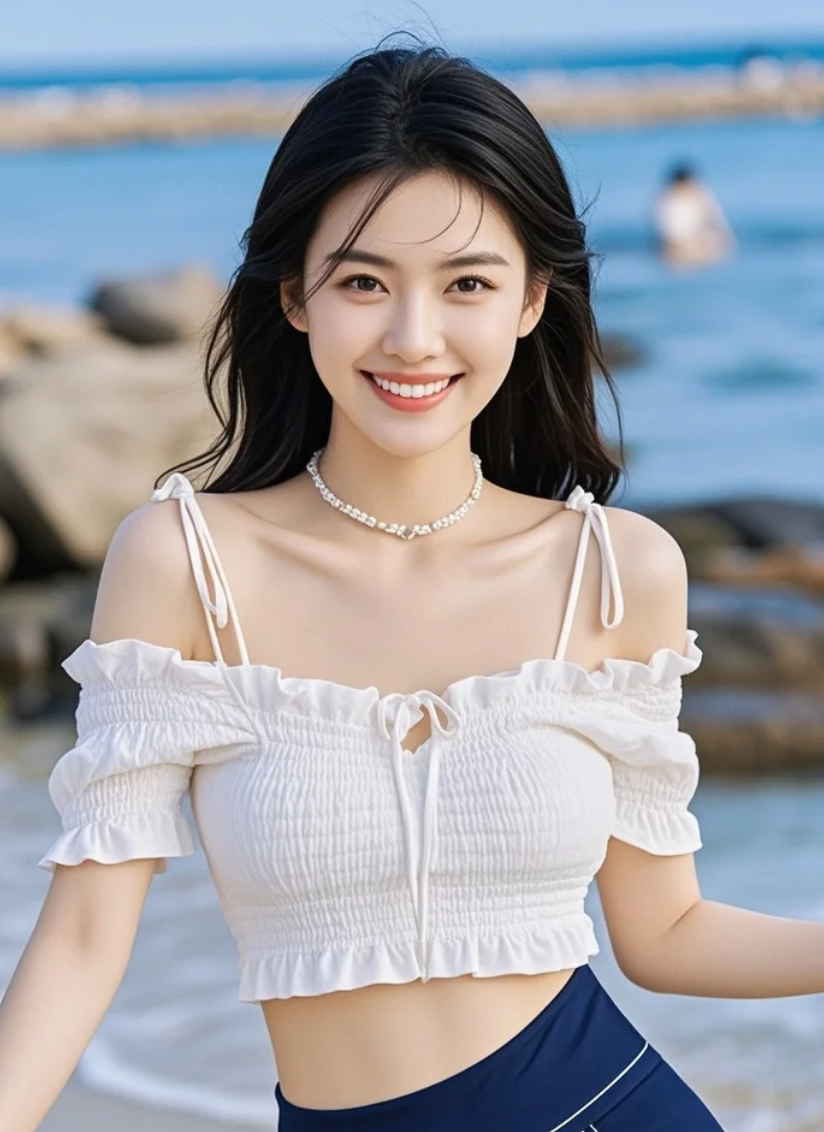 她的笑容和海浪一起跳跃，美得让人心动