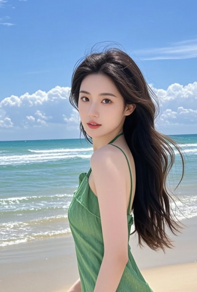 在海边，每一步都留下她的优雅足迹