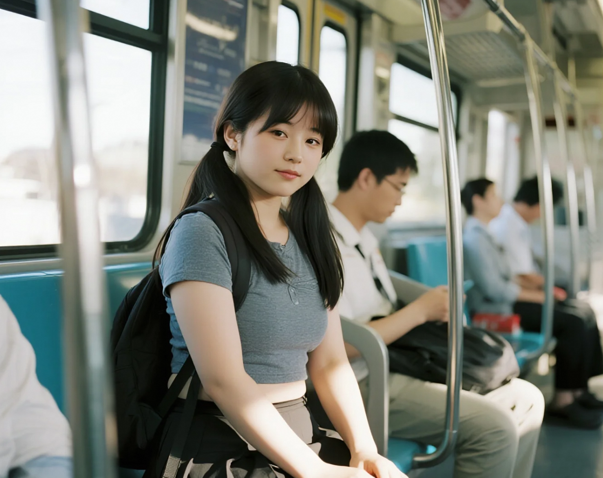 低头浅笑的瞬间，地铁成了她的背景板