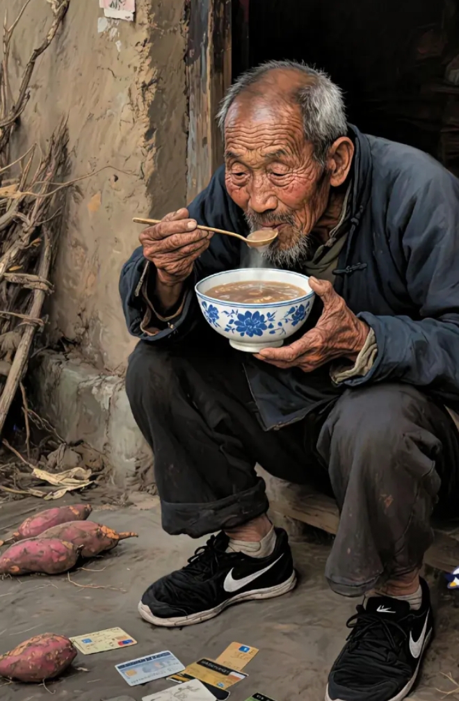 八十年代这位爷爷在自家门前吃着最普通的饭。谁能说说这个画面里不合理的地方，能说出