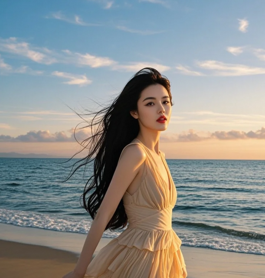 海风撩起她的长发，裙角飞扬，每一步都踏着自由的节拍