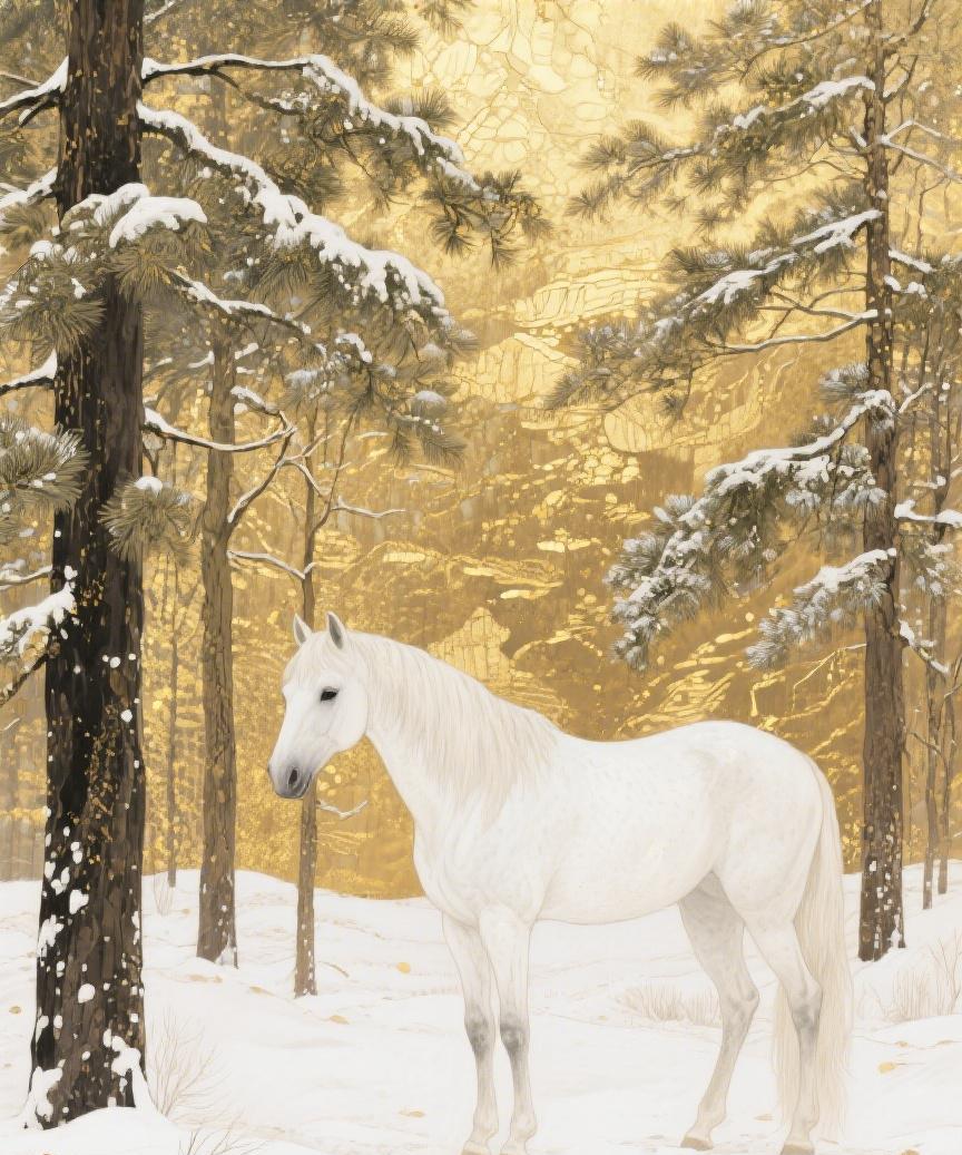 #AI妙生图#白雪覆林，一匹白马立于其间，似在诉说，时光静谧，纯净至美，蕴含无尽
