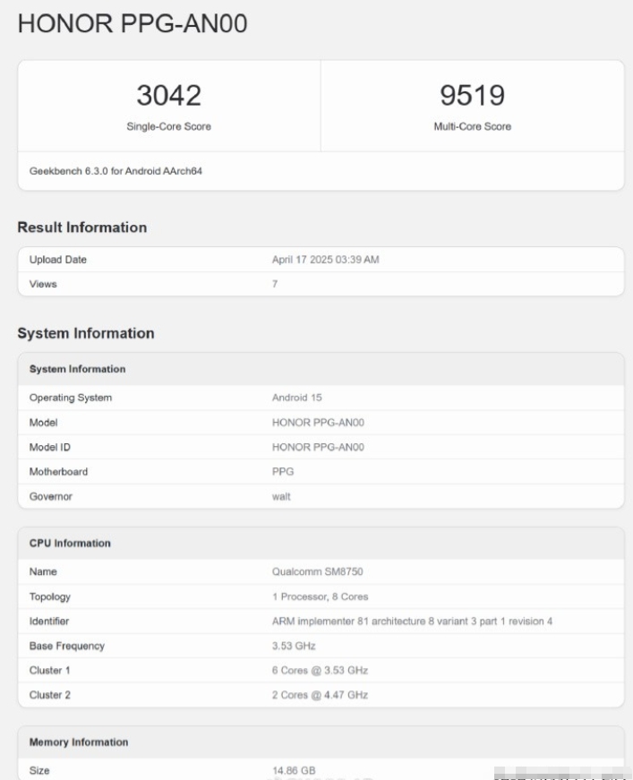 荣耀 GT Pro Geekbench 6 跑分出炉，型号 PPG-AN00，这