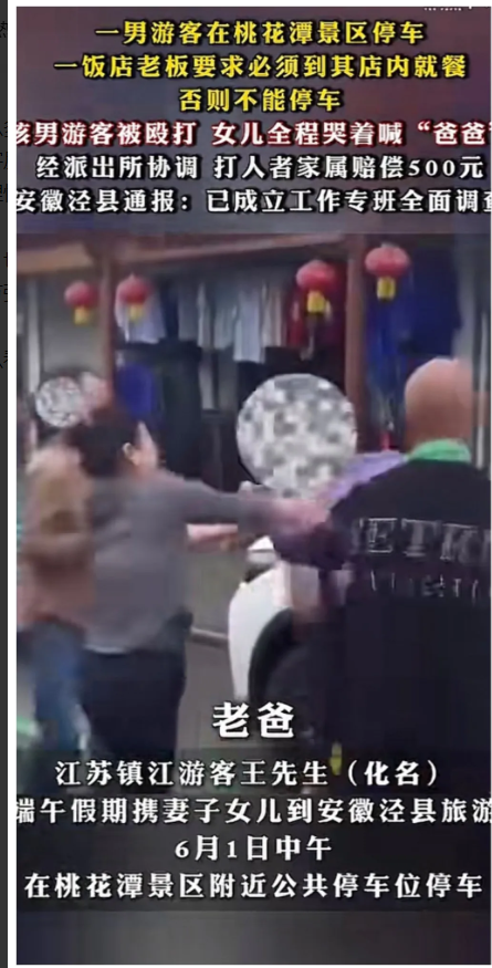 安徽泾县桃花潭景区，饭馆围殴前来旅游的王先生。派出所仅要求打人者赔偿500元，是