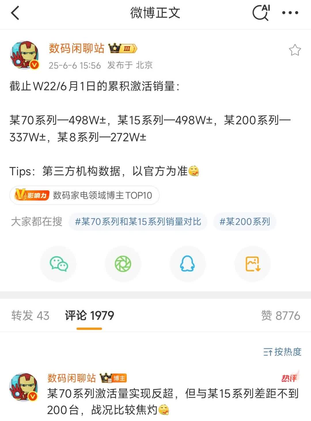 哦吼，小米15系列的激活量终于被华为mate70系列超过了[笑哭]

爆料大