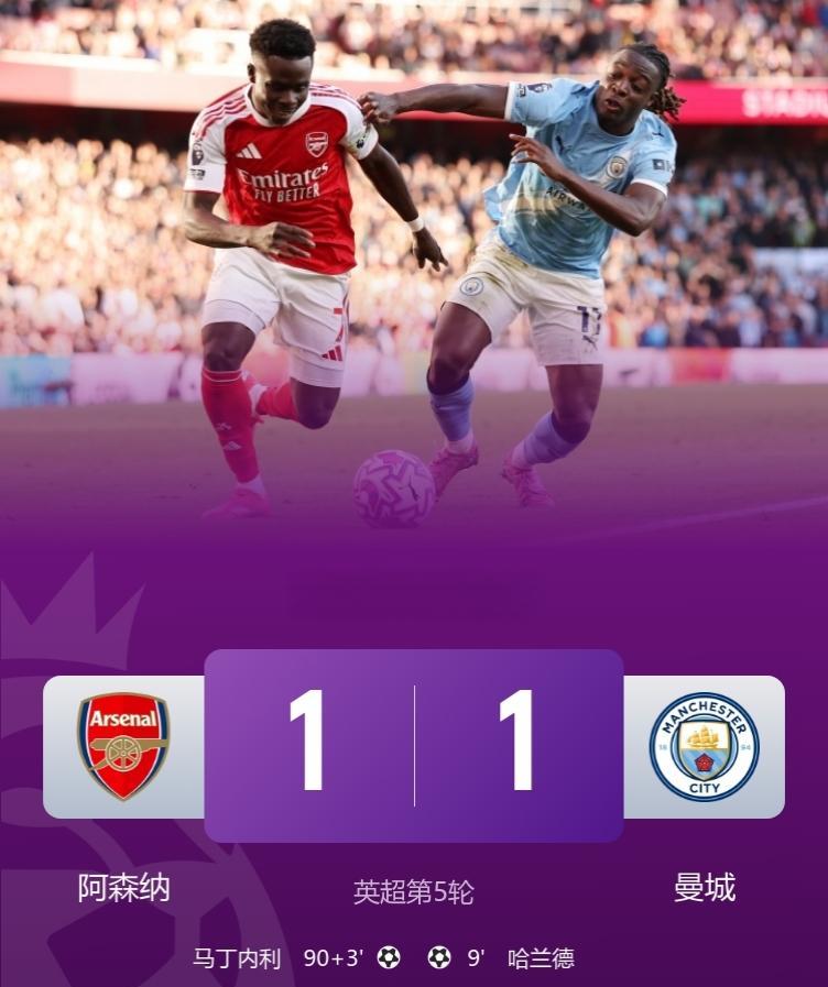 英超big6对决剧情拉满，93分钟绝平！
阿森纳1-1曼城！
此役，哈兰德破门，