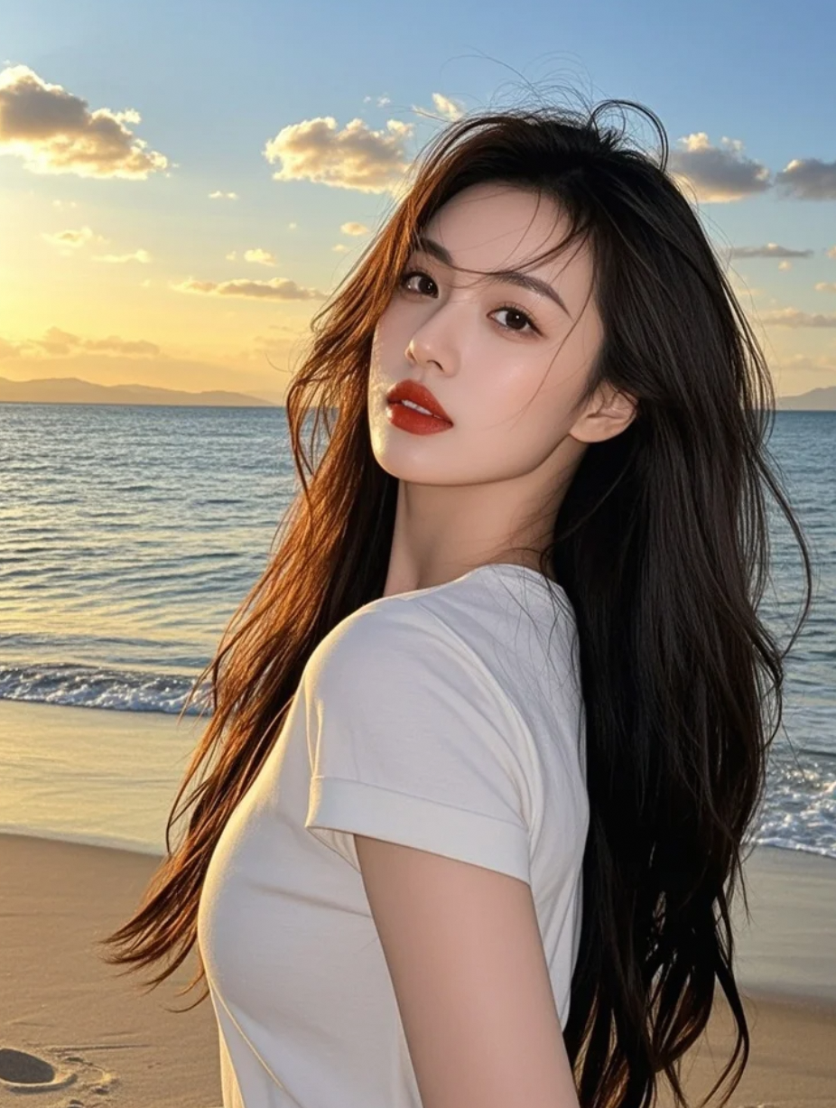 白云悠悠，她长发飘飘，T恤休闲装束难掩其耀眼星芒，夕阳下气场全开