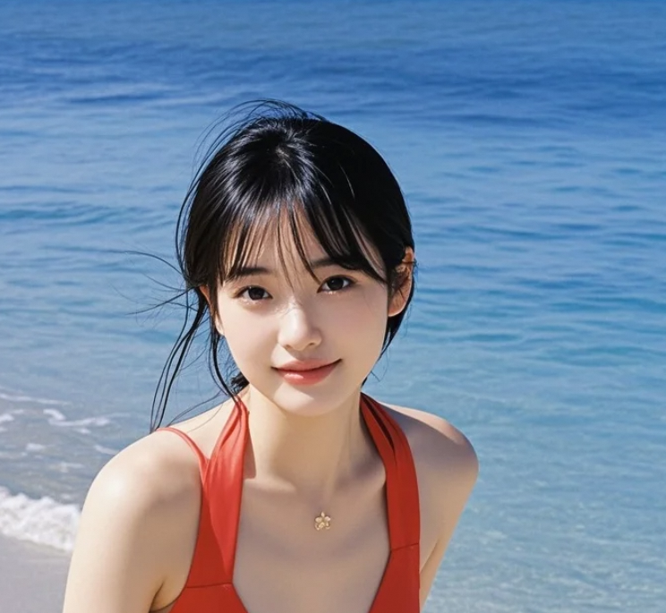 大海见证她的笑声，阳光映照她的美好。