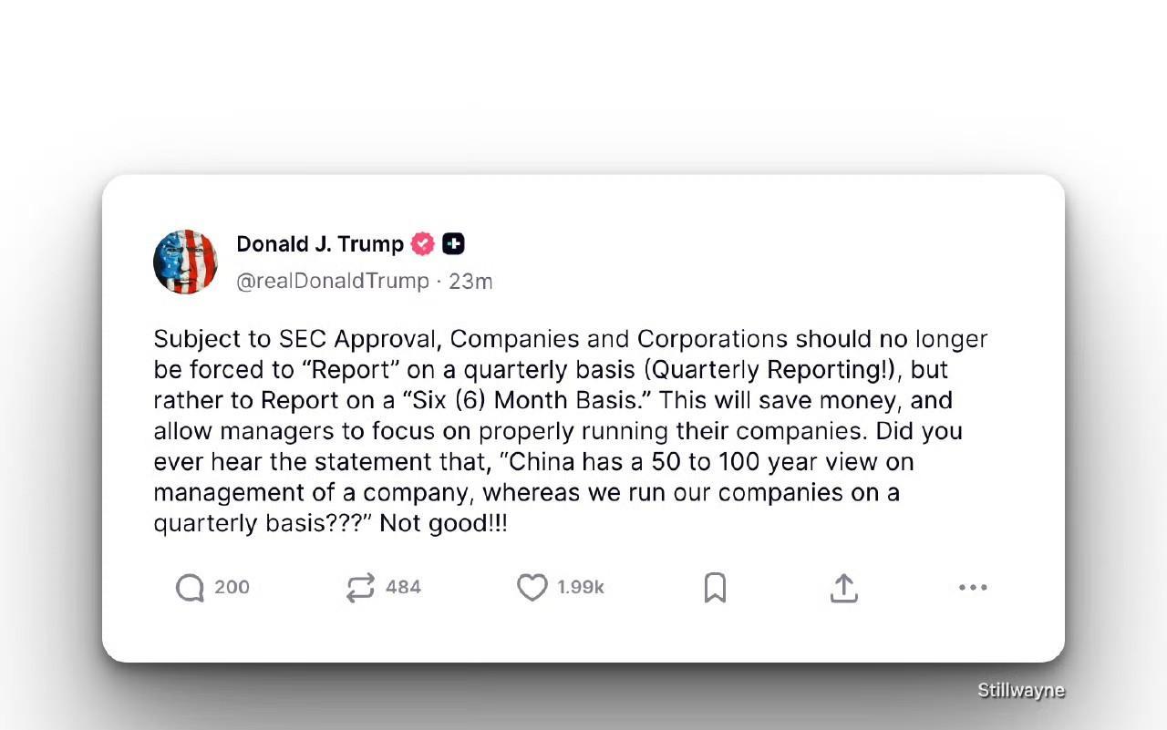 特朗普羡慕中国公司经营管理的“长远眼光”，希望SEC改革目前季度报模式：中国管理
