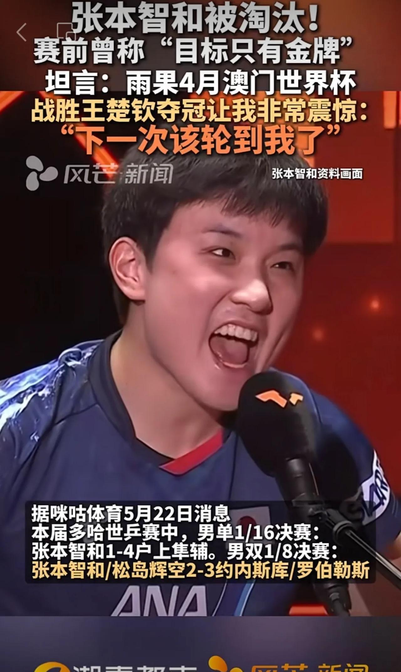 张本智和被淘汰，赛前曾称“目标只有金牌”#多哈世乒赛 #张本智和 #王楚钦