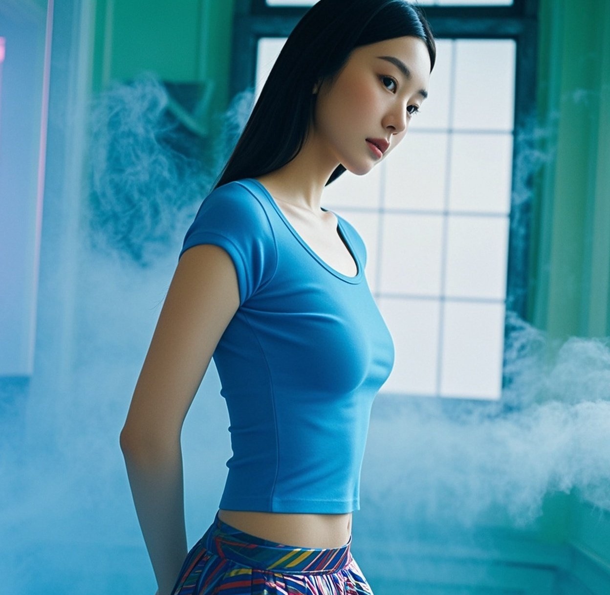 少妇身段玲珑有致，薄雾之中更显风情