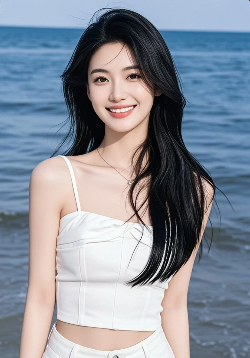 晚风吻过她的发梢，海鸥掠过她的凝望，那一刻，时间停泊在浪尖。