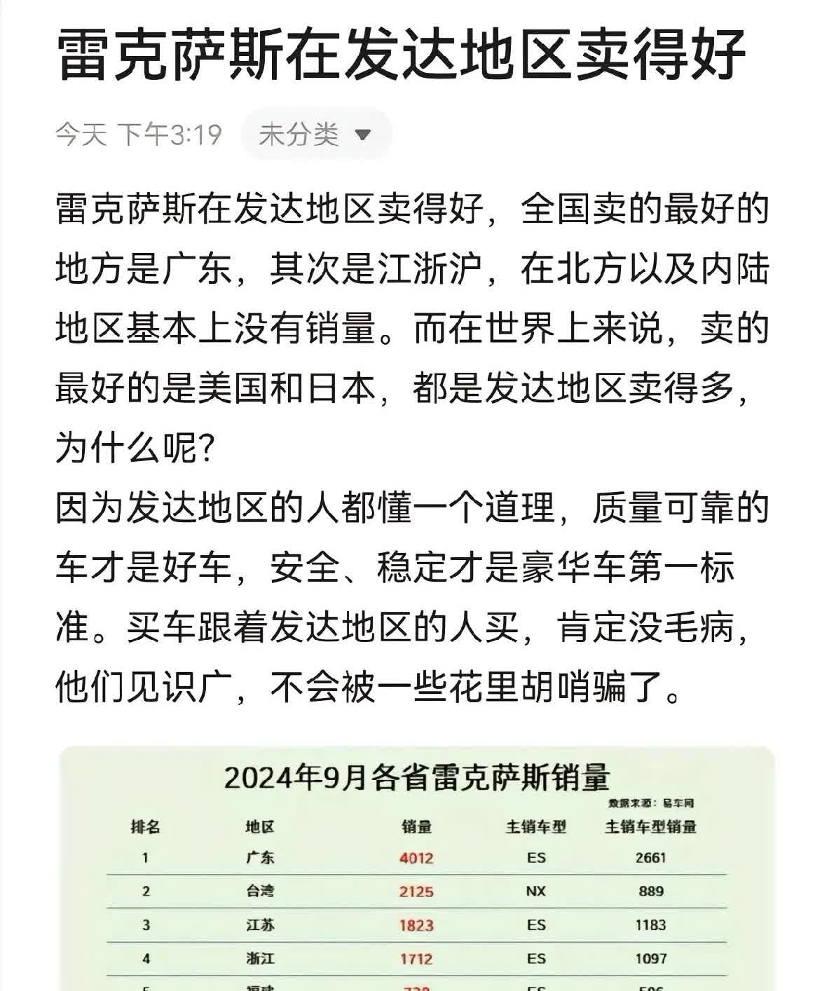 雷克萨斯在国内从来都不通过降价来抢占市场的份额，因为雷克萨斯主要是针对北美和中东