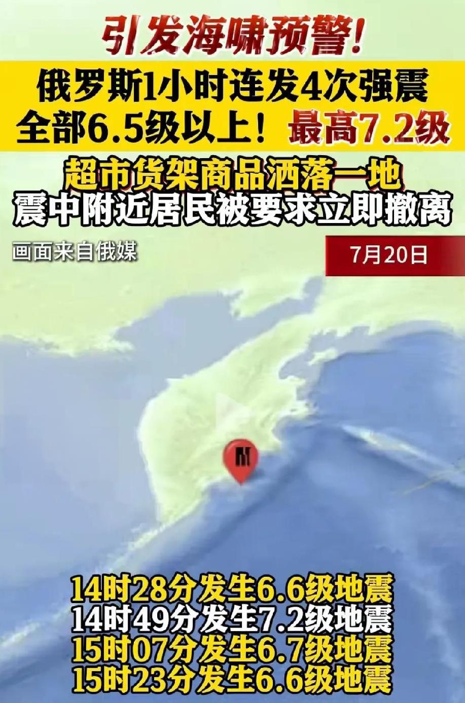 俄罗斯发生4次强震。
6.6、7.2、6.7、6.6级地震！
这么大的震有些楼房