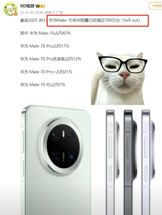 大V发文透露，截至2025年W33，华为Mate 70系列的销量已将近700万台