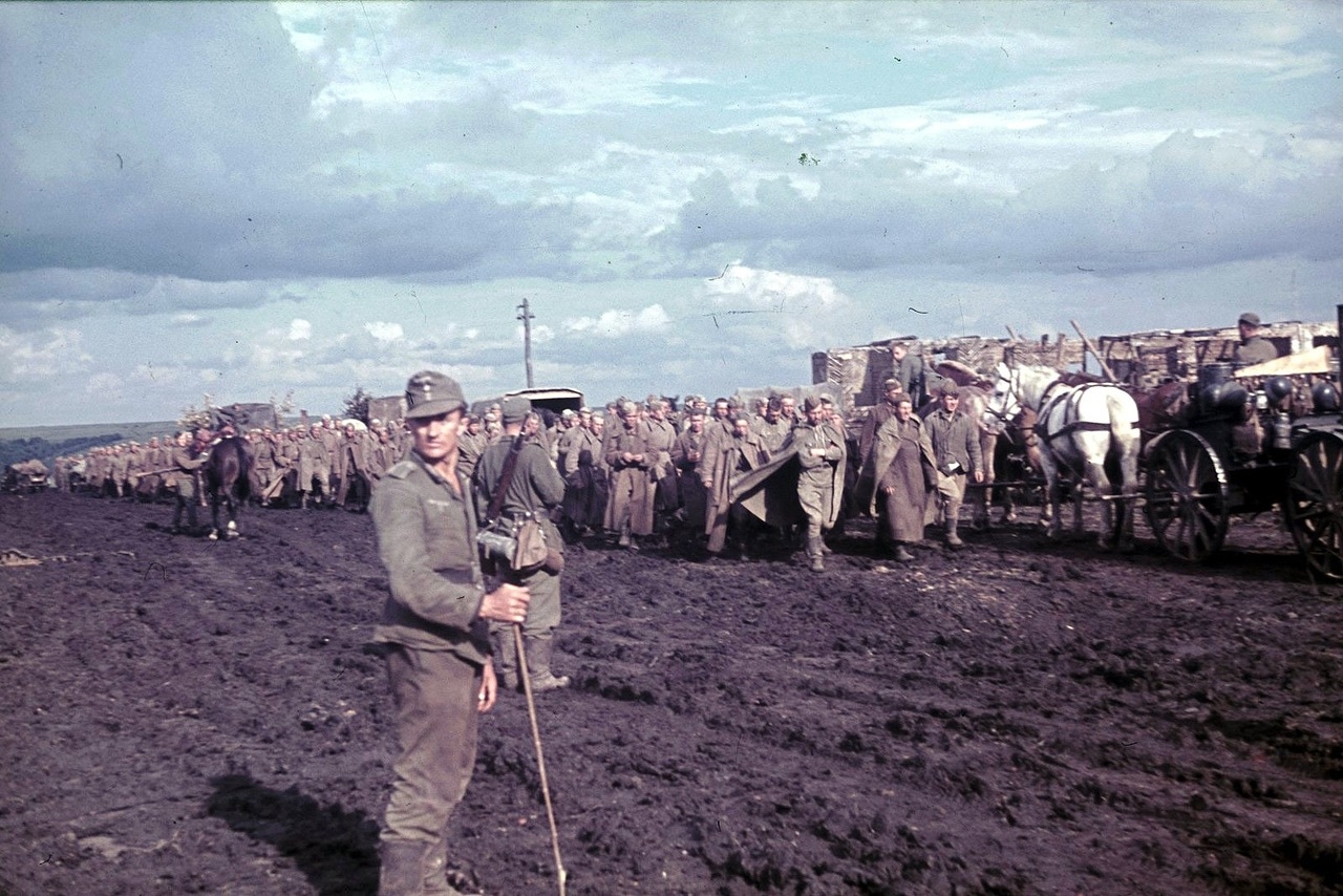 1943年的苏联战场，德国军队押送着苏军俘虏。 
