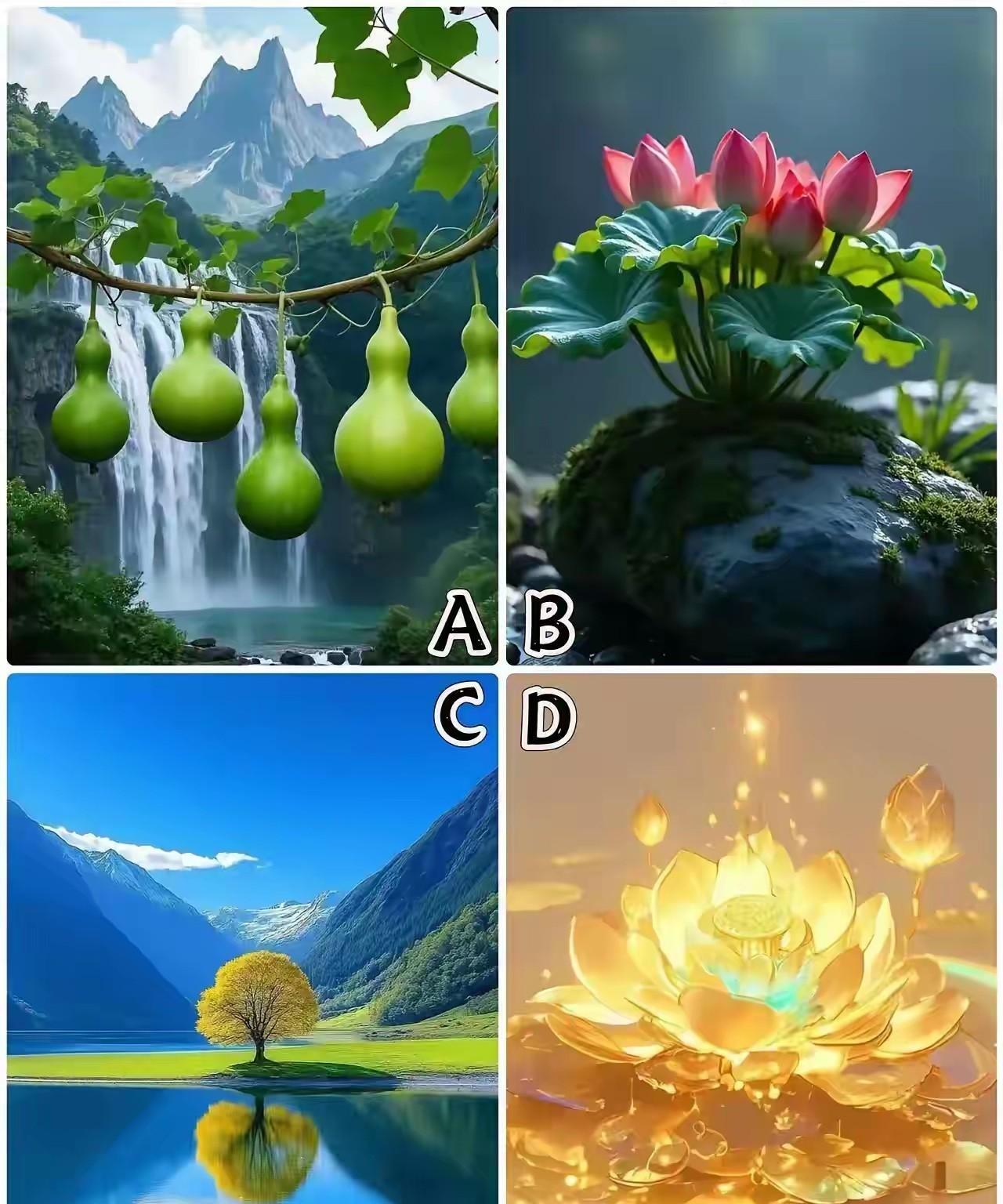 测一测你晚年生活能享多大福？
下面四幅图里你会选择哪一幅？
凭第一感觉来选！
此