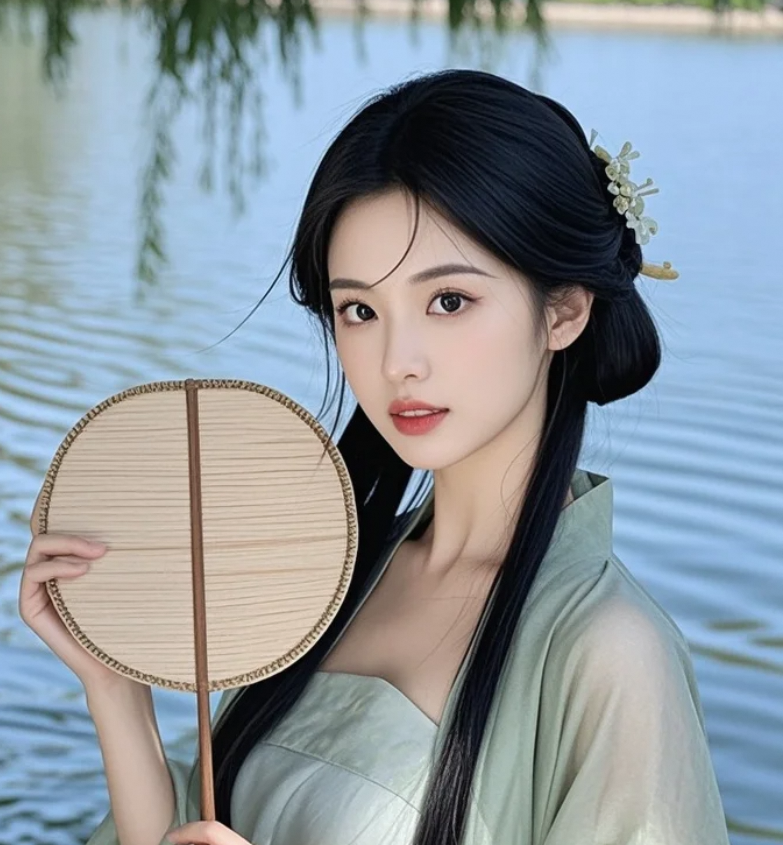 湖边执扇回眸一笑，胜过千言万语