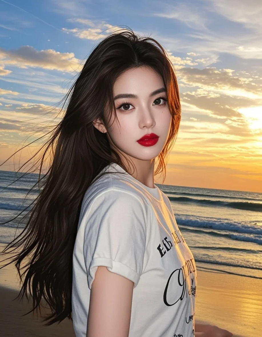 夕阳沙滩，她如沐光而行，精致妆容与亲和气质，交织成动人的星光故事