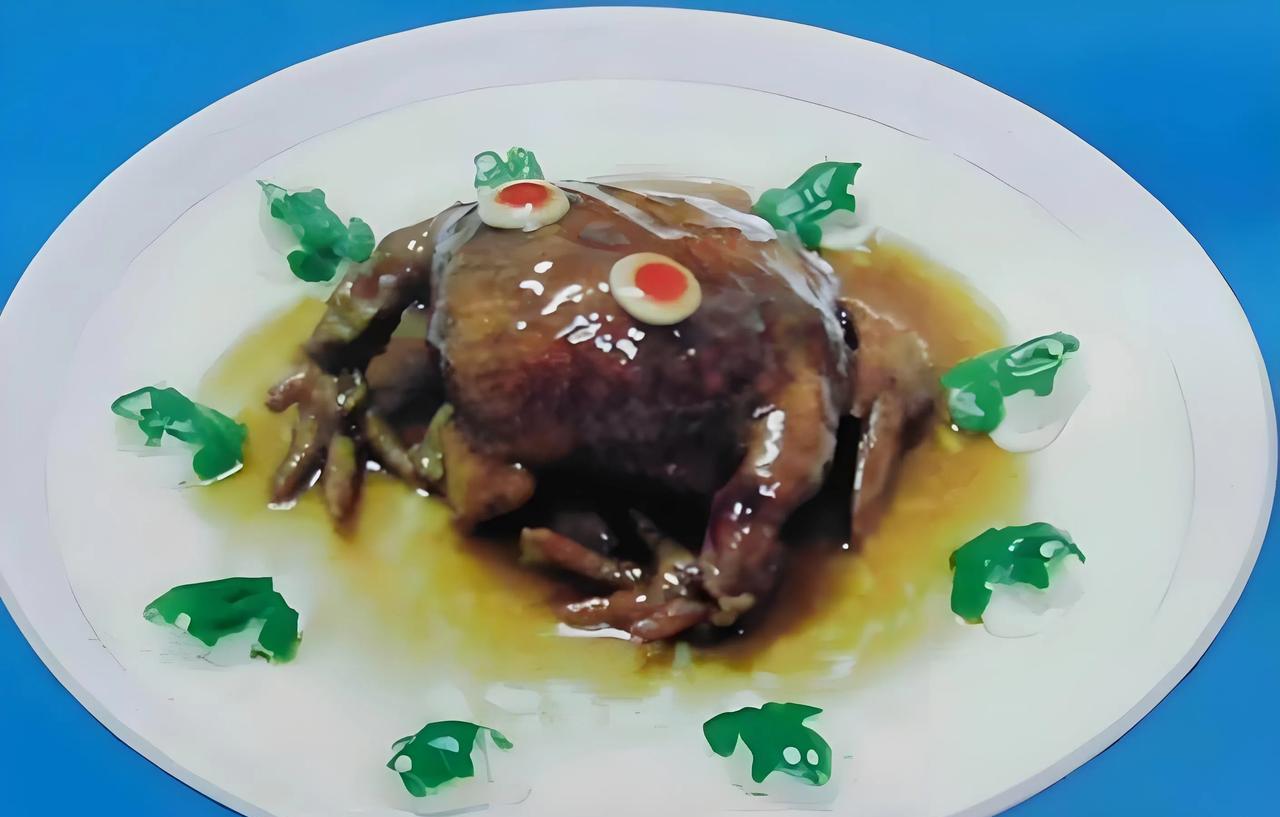 这张照片拍摄于1984年，江苏省首届美食杯荣获一等奖菜品“蛤蟆鸡”的照片。蛤蟆鸡