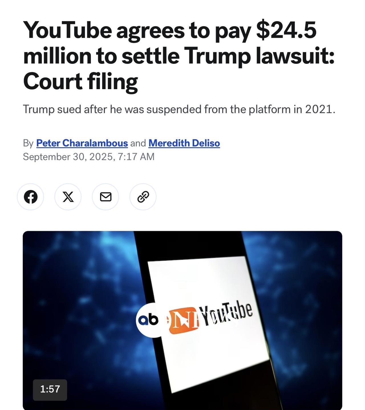 根据一份法庭文件，YouTube已同意支付2450万美元，以和解唐纳德·特朗普总