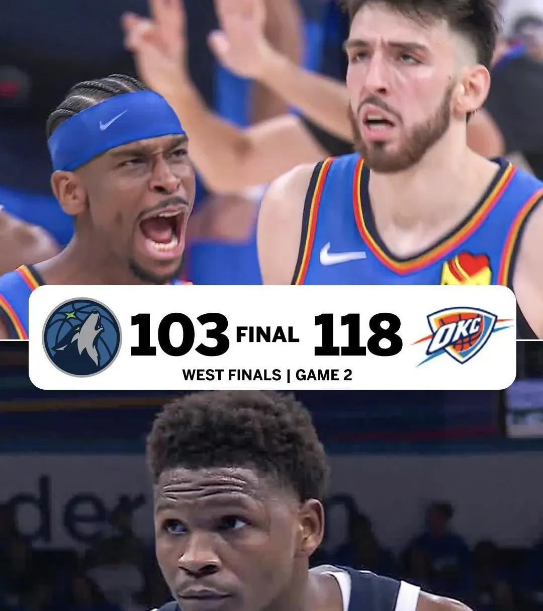 NBA西部决赛。雷霆主场战胜森林狼拿下G2的胜利，SGA也在赛前领取了MVP奖杯