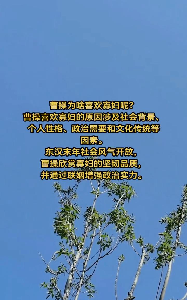 曹操为啥喜欢寡妇呢？
曹操喜欢寡妇的原因涉及社会背景、个人性格、政治需要和文化传