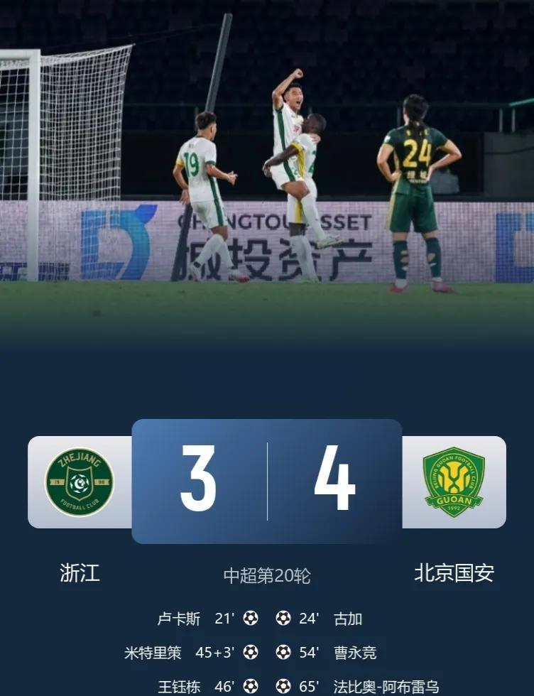 进球大战，近4轮首胜！
北京国安客场4-3逆转十人浙江！
此役，米特里策&王钰栋