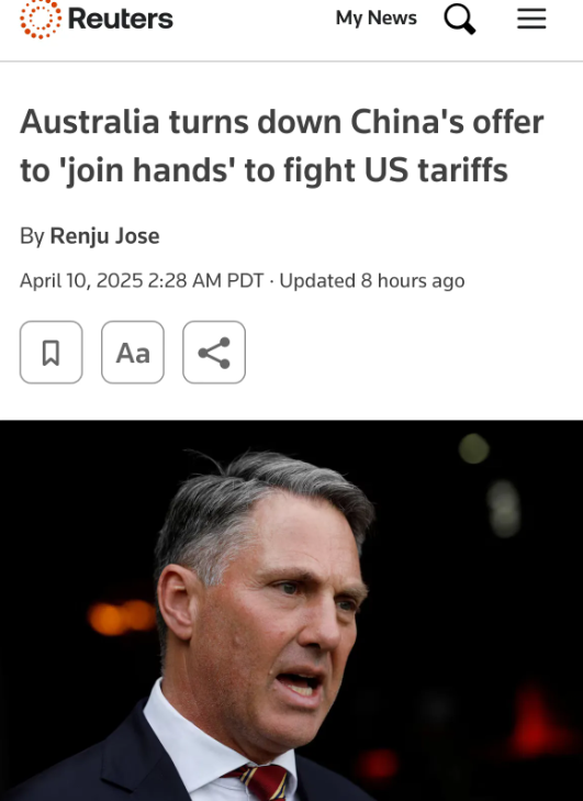 据路透社，澳大利亚周四拒绝了北京关于合作对抗美国关税的提议，称澳大利亚将继续实现